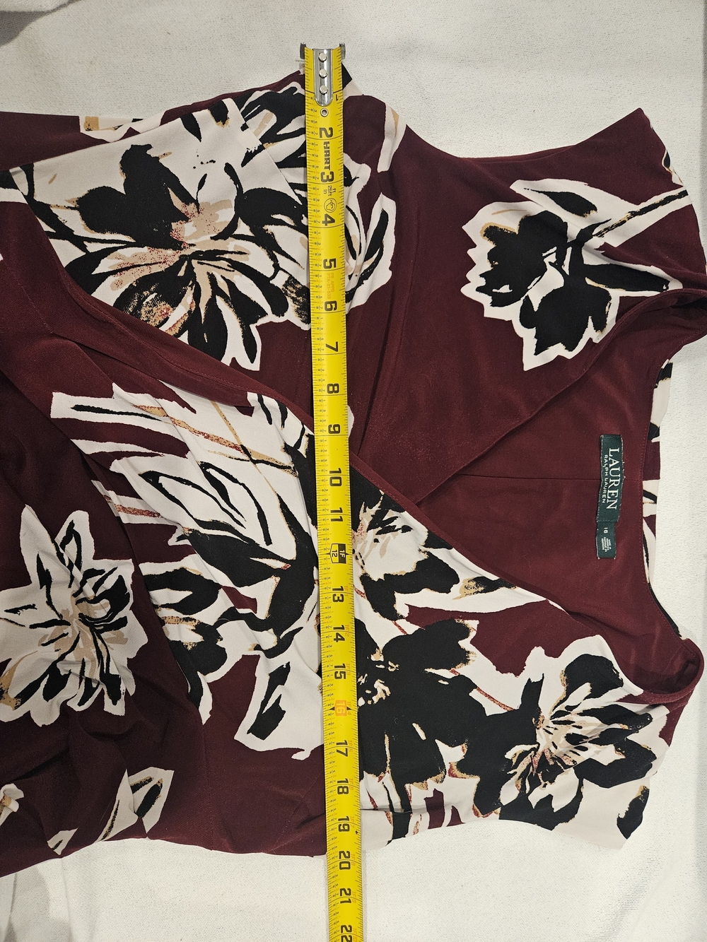 Lauren Ralph Lauren Burgundy Roughed Sheath Dress Faux Wrap V-Neck SZ 16 Stretch - Picture 5 of 6